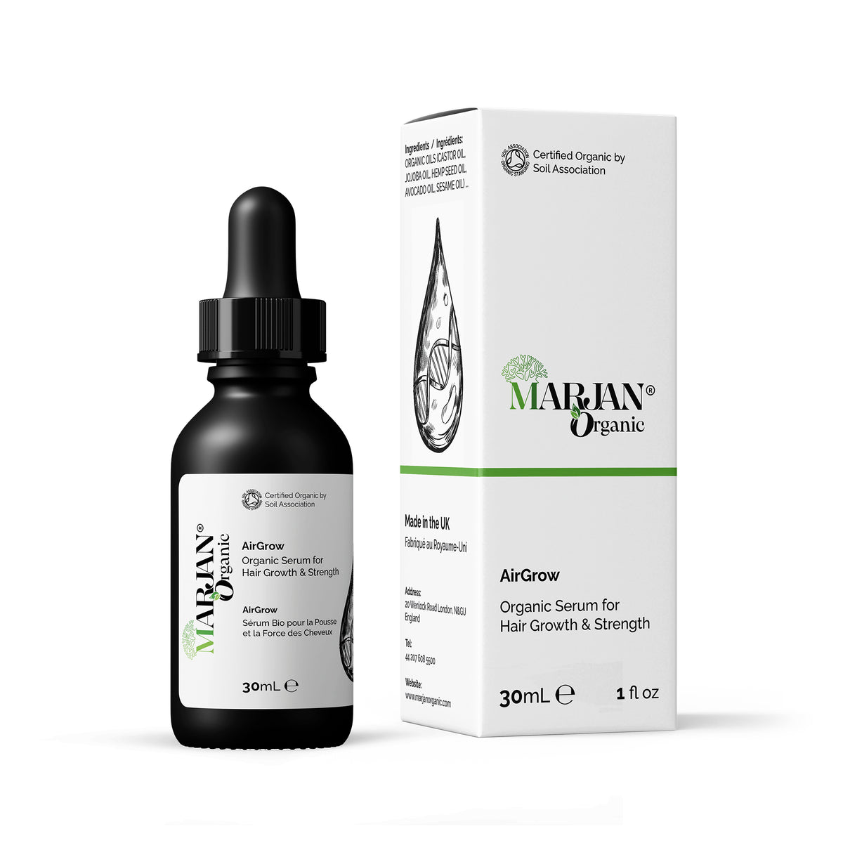 Marian Organic AirGrow organic serum for hair growth and strength with dropper bottle and packaging on a white background.