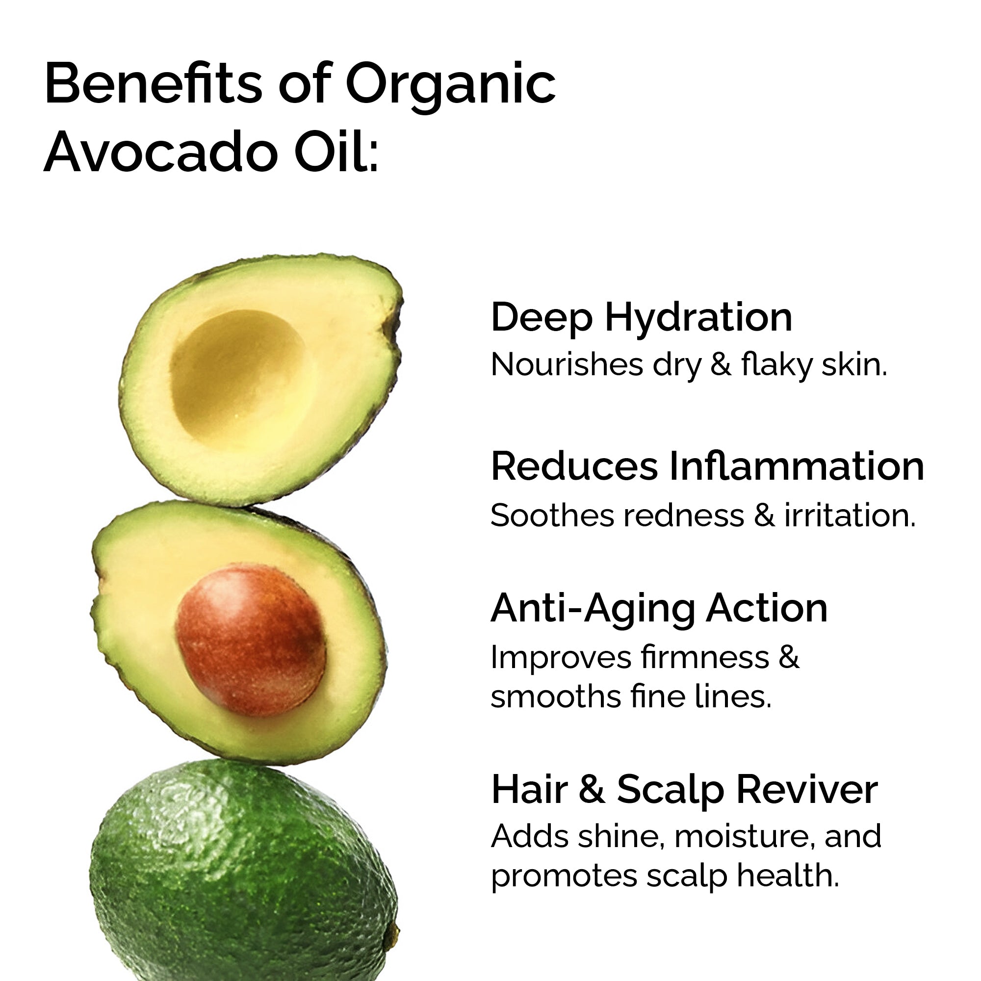 Benefits of organic avocado oil with a split avocado and whole avocado on a white background.